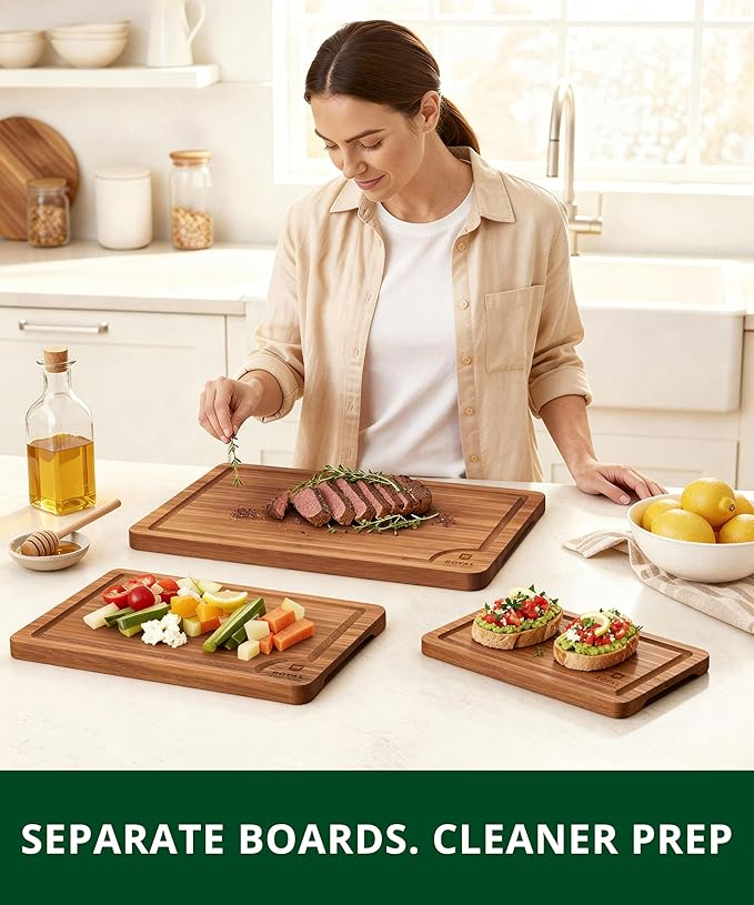 ROYAL CRAFT WOOD Wooden Cutting Boards for Kitchen Meal Prep & Serving - Bamboo Wood Serving Board Set with Deep Juice Groove Side Handles - Charcuterie & Chopping Butcher Block for Meat - Image 4