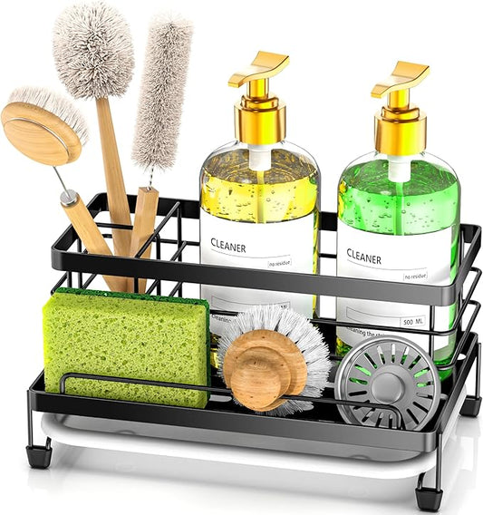 Cisily Black Sponge Holder for Kitchen, Sink Caddy Sink Organizer Rack for Kitchen Accessories with Drip Tray, Rustproof and Non-slip, Soap Dispenser Countertop Organizer Essentials for New Home by CISILYHOMELIFE