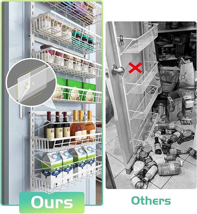 Mefirt Over The Door Pantry Organizer, Wall Mount Spice Rack, Pantry Hanging Storage and Organization, 6 Adjustable Baskets Heavy-Duty Metal for Home & Kitchen, Back of Door Seasoning Rack - White - Image 5