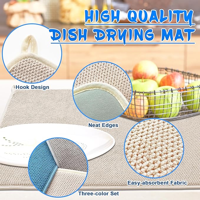 3 Pack XXL Dish Drying Mats,24×17" Absorbent Microfiber Dishes Drainer Mats,Large Size Pads for Kitchen Counter,Coffee,Rack,Under Sink(Beige,Blue,Gray) - Image 3