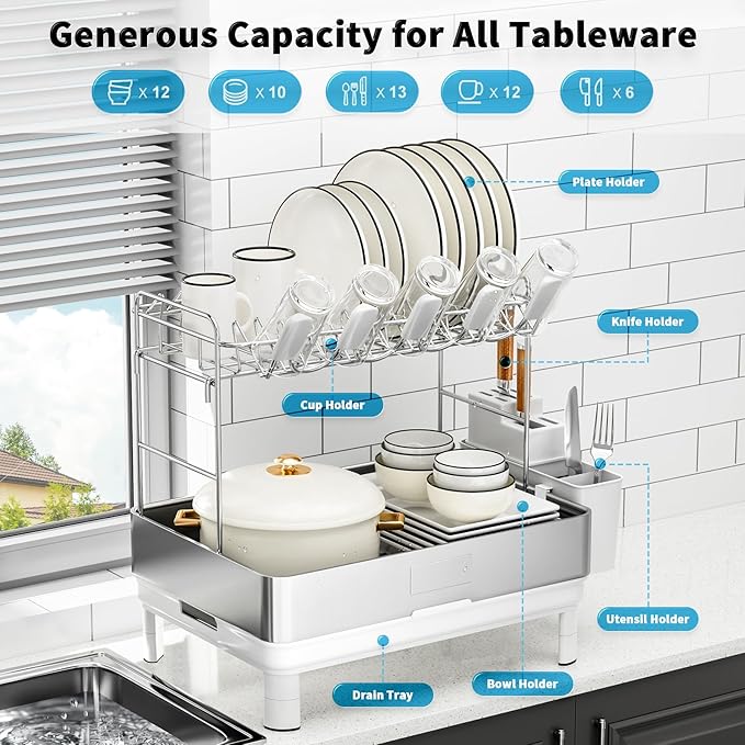 Ewaiira Dish Drying Rack, 2 Tier Large Dish Rack, Stainless Steel Dish Drainer for Kitchen Counter, Dishes Rack with Automatic Drainage, Utensil Holder&Cups Holder,Space Saving Kitchen Organizer,White - Image 8