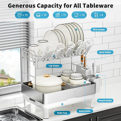 Ewaiira Dish Drying Rack, 2 Tier Large Dish Rack, Stainless Steel Dish Drainer for Kitchen Counter, Dishes Rack with Automatic Drainage, Utensil Holder&Cups Holder,Space Saving Kitchen Organizer,White - Image 8