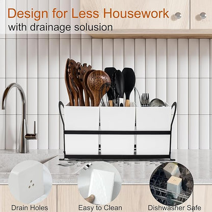 Czlizdyt Large Kitchen Utensil Holder, Drainage Utensil Caddy for Countertop, 3pcs Bins Set Cooking Utensil Organizer for Spoons, Spatulas, White - Image 2