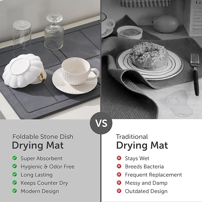 Large Stone Drying Mat for Kitchen Counter, Quick Dry Stone Dishes Mats, Stones Drying Mat for Kitchen Counter, Detachable Water Absorbing Diatomaceous Drying Mat (Dark Gray 24"×16" & 8"x4")