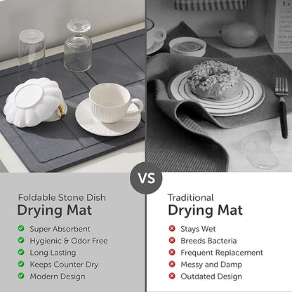 Large Stone Drying Mat for Kitchen Counter, Quick Dry Stone Dishes Mats, Stones Drying Mat for Kitchen Counter, Detachable Water Absorbing Diatomaceous Drying Mat (Dark Gray 24"×16" & 8"x4")