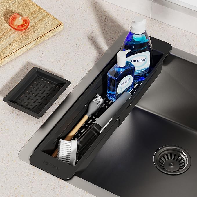 NiHome Extendable Over Sink Kitchen Organizer, Small Telescopic Brush Storage Rack for Sponge, Non-Slip Pads Expandable Sink Caddy, Adjustable Sponge/Brush Rack with Drainage Durable ABS (Black) - Image 9