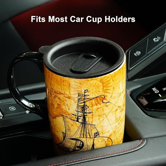 Topadorn Ceramic Travel Mug with Lid and Handle - 17 Oz Coffee Mug Ceramic Latte Teacup with Color Box, Splash Resistant Lid –Coffee Cup for Car Cup Holder, Sailboat
