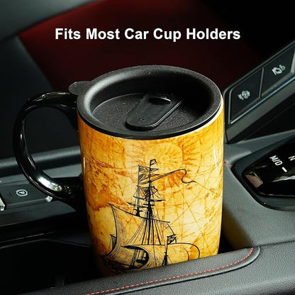 Topadorn Ceramic Travel Mug with Lid and Handle - 17 Oz Coffee Mug Ceramic Latte Teacup with Color Box, Splash Resistant Lid –Coffee Cup for Car Cup Holder, Sailboat