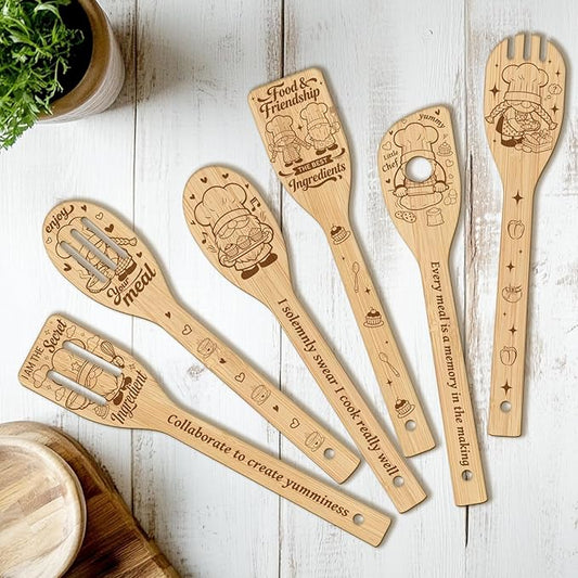 CUTHOLLOW 6PCS Chef Gnome Wooden Kitchen Cooking Utensil Set, 11.9in Non Toxic Bamboo Wood Spoon Set for Cooking, Best Housewarming Birthday Thanksgiving Christmas Gift for Women Mother