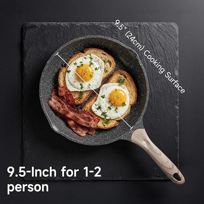 JEETEE 9.5 Inch Nonstick Frying Pan Stone Coating Cookware, Nonstick Omelette Skillet with Soft Touch Handle, Compatible with All Stoves - Image 5