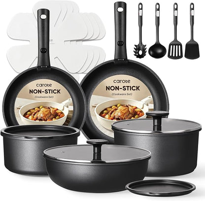 CAROTE 19Pcs Pots and Pans Set Non Stick, Cookware Set Detachable Handle, Nonstick Induction Kitchen Sets Non Stick with Removable Handle, RV Cook Ware, Oven Safe, Black by CAROTE