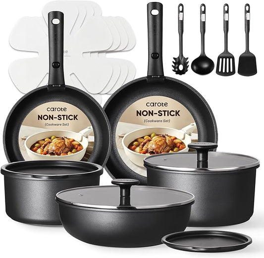 CAROTE 19Pcs Pots and Pans Set Non Stick, Cookware Set Detachable Handle, Nonstick Induction Kitchen Sets Non Stick with Removable Handle, RV Cook Ware, Oven Safe, Black by CAROTE