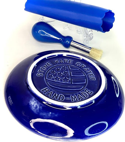 BonCera, All-in-one Premium Ceramic Garlic Grater Plate 4-Piece Set - Blue Cross Glazed Design and Style - For Garlic, Ginger, Chocolate, and more! - Comes with 5.25" Plate, Peeler, Brush, and Stand - Image 9
