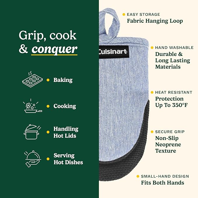 Cuisinart Mini Oven Mitts – 5.5” x 7” Heat-Resistant Kitchen Mitts for Oven with Non-Slip Neoprene Palm, Cotton Filling, and Fabric Loop – Durable Oven Mitt Set for Cooking & Baking (Chambray) - Image 6