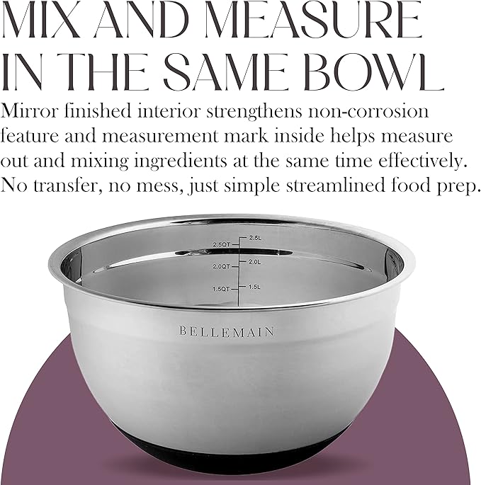 Bellemain Stainless Steel Non-Slip Mixing Bowls with Lids (5 Piece, Silver/Black) - Image 9