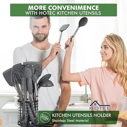 HOTEC 446°F Heat Resistant Silicone Kitchen Utensils, Cooking Utensil Set, Spatula Set, BPA Free, Kitchen Gadgets, with Stainless Steel Utensils Holder, Dishwasher Safe, 14pcs Grey - Image 3