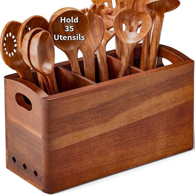 Natural Acacia Wood Utensil Holder for Kitchen Counter (Large), 3 Compartment with Removable Dividers 11.7"x7.1"x4.5", Large Cooking Utensil Organizer - Anti-Scratch Bottom by PrimZootyDesign