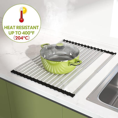 JASIWAY Dish Drying Rack, Roll Up Dryer Rack for Inside Sink, Expandable (12.8"-23.8" D x 15.5" W) 304 Stainless Steel Dish Drainers for Kitchen Counter, Over Sink Cover with Utensil Holder - Image 6