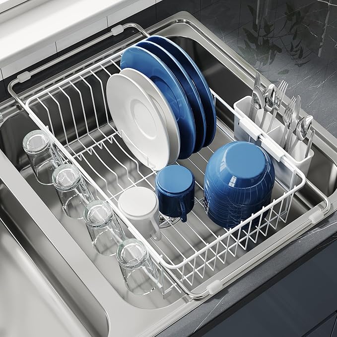 JASIWAY Dish Drying Rack in Sink, Small Dish Drainers for Inside Sink, Over The Sink Dish Racks, Stainless Steel Drying Rack with Utensil Holder, White by JASIWAY