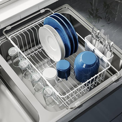 JASIWAY Dish Drying Rack in Sink, Small Dish Drainers for Inside Sink, Over The Sink Dish Racks, Stainless Steel Drying Rack with Utensil Holder, White by JASIWAY