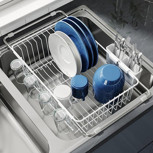 JASIWAY Dish Drying Rack in Sink, Small Dish Drainers for Inside Sink, Over The Sink Dish Racks, Stainless Steel Drying Rack with Utensil Holder, White by JASIWAY