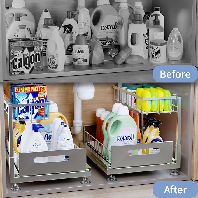 Saydear Under Sink Organizer Storage 2-Tier Premium Metal Pull-Out Kitchen Cabinet Organizer with Sliding Drawer, Height Adjustable, Heavy Duty for Kitchen & Bathroom Organizers 1 Pack Grey - Image 2
