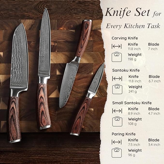 Wakoli EDIB 4-Piece Damascus Knife Set – Professional Kitchen Knife Set, 67-Layer Genuine Damascus Steel, High Carbon Stainless Steel Core (VG10), Ergonomic Pakkawood Handles, In Elegant Gift Box