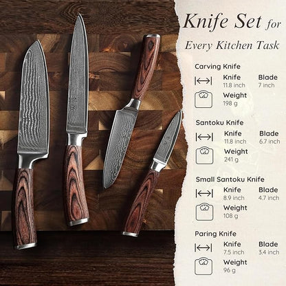Wakoli EDIB 4-Piece Damascus Knife Set – Professional Kitchen Knife Set, 67-Layer Genuine Damascus Steel, High Carbon Stainless Steel Core (VG10), Ergonomic Pakkawood Handles, In Elegant Gift Box