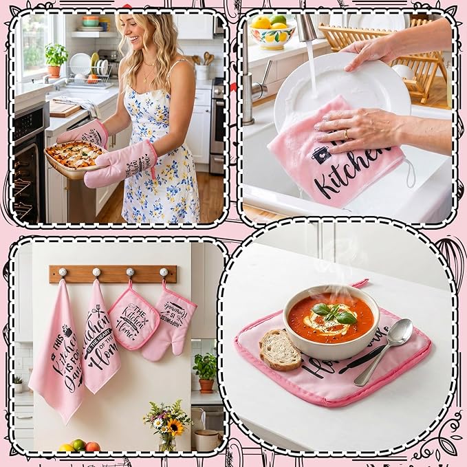 Bencailor 12 Pcs Farmhouse Kitchen Decorations Sets 8 Pink Black Kitchen Dish Towels 2 Pot Holders 2 Oven Mitts Glove Rustic Hand Towels and Dishcloths for Home Accessories Mom Gifts