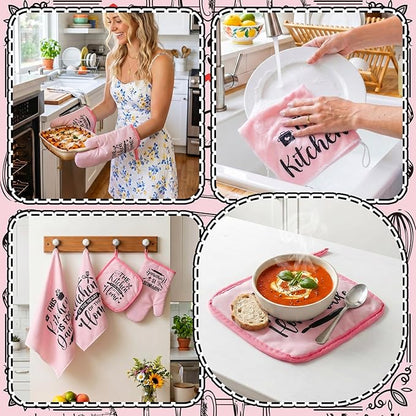 Bencailor 12 Pcs Farmhouse Kitchen Decorations Sets 8 Pink Black Kitchen Dish Towels 2 Pot Holders 2 Oven Mitts Glove Rustic Hand Towels and Dishcloths for Home Accessories Mom Gifts