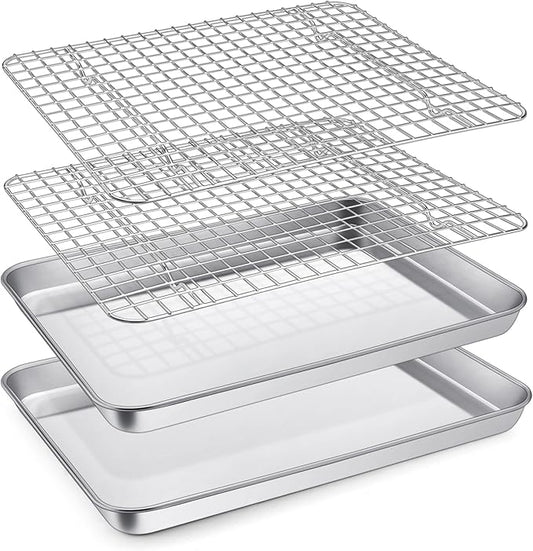 P&P CHEF 12.5 Inch Toaster Oven Pan with Rack Set, Stainless Steel Baking Pan Tray and Grid Cooling Rack for Cooking/Roasting, Dishwasher Safe & Easy to Clean, Non-toxic & Sturdy, (4Pcs)