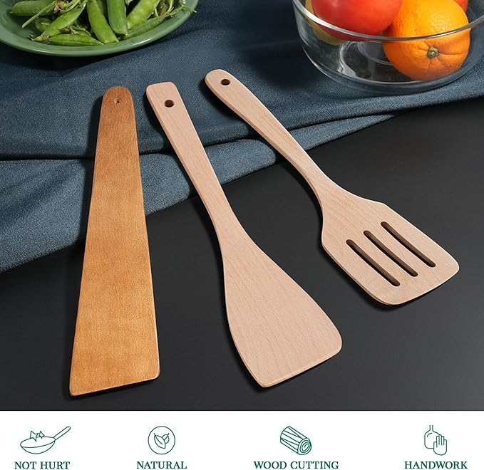 3Pcs Wooden Spatulas, 12inch Long Handle Slotted Turner Spatula Set, Uncoated Beech Wood Cooking Spoons for Non-Stick Cookware, Kitchen Utensils Set for Frying, Flipping, Scraping and Turning - Image 2