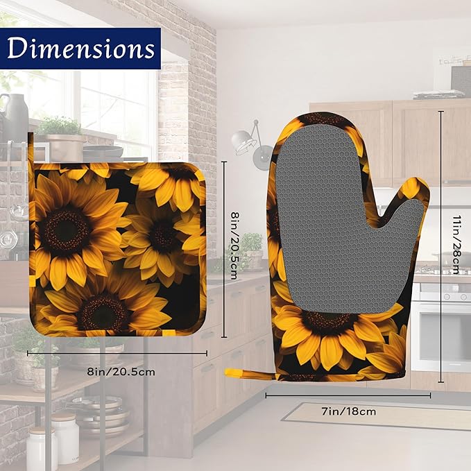 Spring Sunflowers Oven Mitts and Pot Holders Sets of 4 Yellow Flowers Heat Resistant Silicone Oven Mits Gloves Non-Slip Kitchen Mittens Potholders for Cooking Baking Grilling BBQ