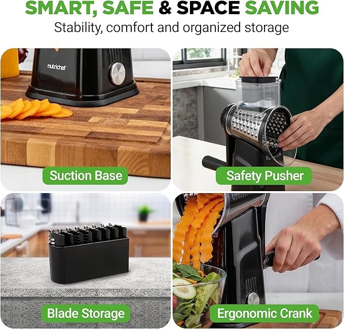 NutriChef 5 in 1 Cheese Grater & Shredder | 5 Different Blades for Thin, Thick, Julienne Strips, Wavy, & Straight Strips | Includes Hand Crank, Strong Suction Base & Storage Container | Black - Image 7