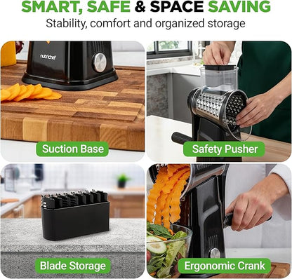 NutriChef 5 in 1 Cheese Grater & Shredder | 5 Different Blades for Thin, Thick, Julienne Strips, Wavy, & Straight Strips | Includes Hand Crank, Strong Suction Base & Storage Container | Black - Image 7