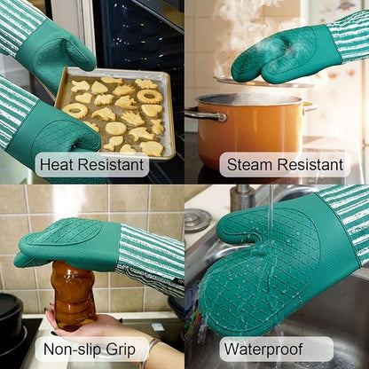 Alselo Silicone Oven Mitts Heat Resistant 932℉ with Waterproof & Non-Slip Kitchen Mittens, Set of 2 Extra Long Oven Gloves with Soft Cotton Terry Lining for Baking Cooking Barbecue (Emerald Green, 2) - Image 6
