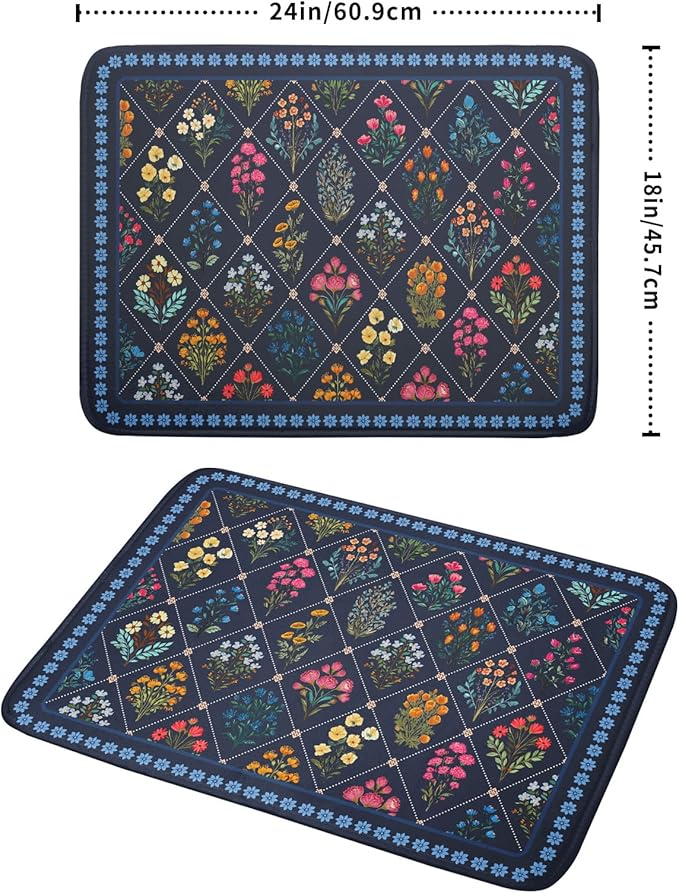 Lapis Blue Dish Drying Mat for Kitchen Counter Flowers Microfiber Absorbent Dish Draining Reusable Washable Large - Image 2