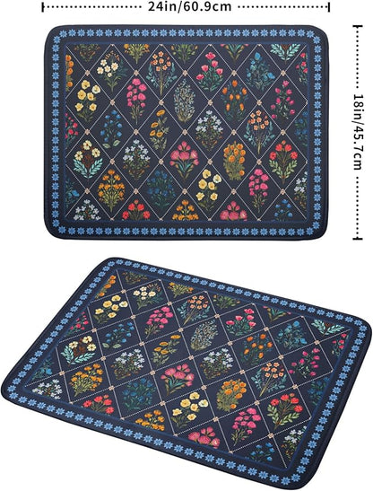 Lapis Blue Dish Drying Mat for Kitchen Counter Flowers Microfiber Absorbent Dish Draining Reusable Washable Large - Image 2