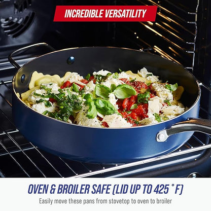 Blue Diamond 5QT Saute Pan with Lid, Non Toxic PFAS-Free Diamond Ceramic Nonstick, Dishwasher & Oven Safe, Metal Utensil Safe, Deep Jumbo Cooker Skillet with Helper Handle, Glass Lid, Blue - Image 6