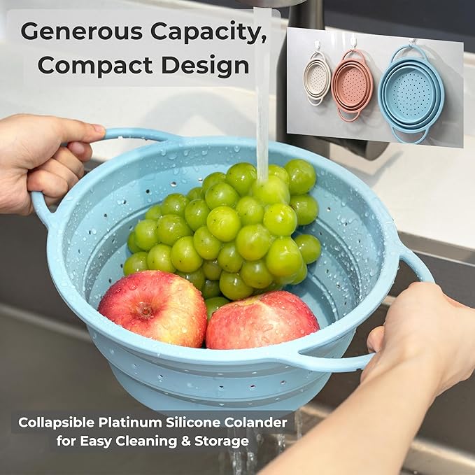 Silicone Colander Set – Collapsible Platinum Silicone Strainer with Stainless Steel Rim, Space-Saving & Heat-Resistant, Dishwasher Safe, BPA-Free by SelectShen™ (3 Pack) - Image 7