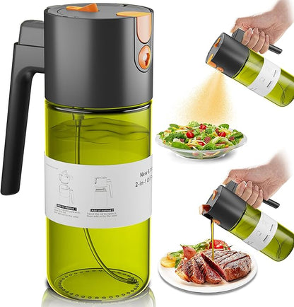 OURCABECUE Upgrade 2 in 1 Oil Sprayer for Cooking, 17oz Light-Blocking Glass Olive Oil Dispenser Bottle for Kitchen, Food-Grade Oil Mister with 8 Stickers for Salad, Frying (Green Bottle-Black Gap) by OURCABECUE