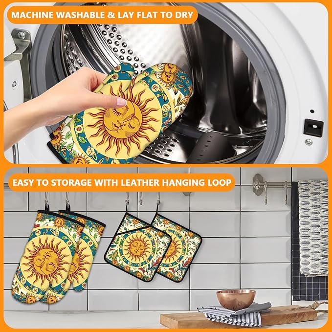 Sun and Moon Oven Mitts and Pot Holders Sets 4Pcs,Extra Long Oven Gloves Potholder for Kitchen Cooking Baking BBQ 100% Cotton Heat Resistant - Image 5