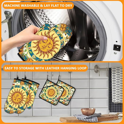 Sun and Moon Oven Mitts and Pot Holders Sets 4Pcs,Extra Long Oven Gloves Potholder for Kitchen Cooking Baking BBQ 100% Cotton Heat Resistant - Image 5