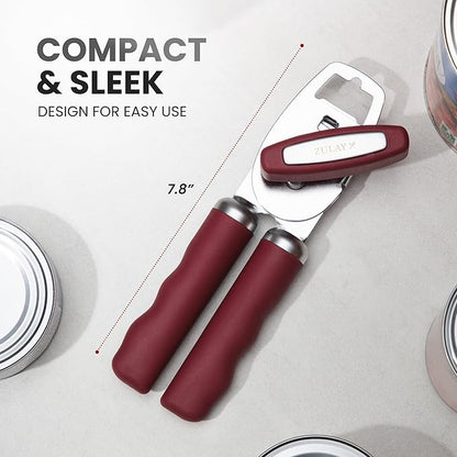 Zulay Kitchen Heavy Duty Stainless Steel Can Opener Manual with Bottle Opener - Rust Proof Manual Can Opener With Turn Knob & Comfy Soft Grip Handles - Deep Red - Image 2