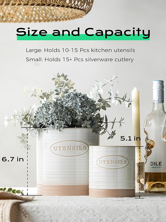 YHOSSEUN Utensil Holder Set of 2, Ceramic Utensil Holder for Kitchen Counter, 6.7"+5.1" Kitchen Utensil Crocks Spatula Holder for Countertop, Two-tone Finish Oval Opening - Image 7