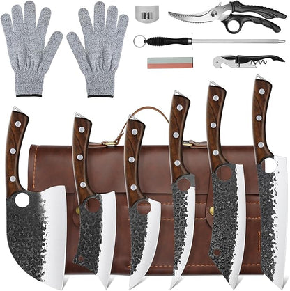 Purple Dragon Butcher Knife Set - 12 Pcs Kitchen Knife Set - Hand Forged Serbian Meat Cleaver Boning Viking Knives, Knives with Roll Bag for Home Cooking BBQ - Christmas Gift for Men and Women