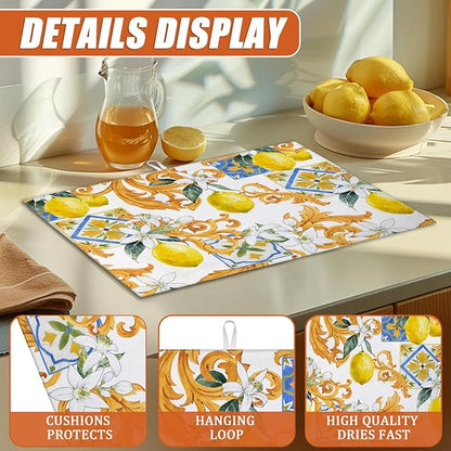 Watercolor Lemon Dish Drying Mat for Kitchen Counter Microfiber Absorbent Dish Kitchen Drying Mat Draining Reusable Washable for Dishes/Utensils/Counterto