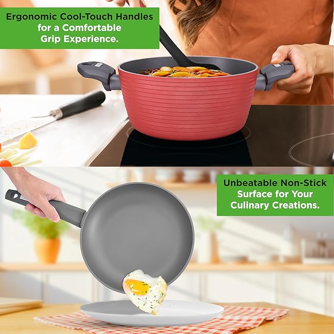 NutriChef 12-Piece Nonstick Kitchen Cookware Set-PTFE/PFOA/PFOS-Free Heat Resistant Lacquer Kitchen Ware Pots Pan Set Dark Gray/Red- Saucepot, Pans, Cooking Pot Oven Pot, Lid, Utensil - NCCW12RED - Image 4