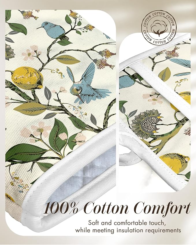 Miss Adola Cotton Oven Mitts and Pot Holders Sets - Quilted Lining Heat Resistant 4 Pieces Set with Hanging Loop Cute Farmhouse Boho Spring Kitchen Decor and Accessories, Lemon Bird - Image 3