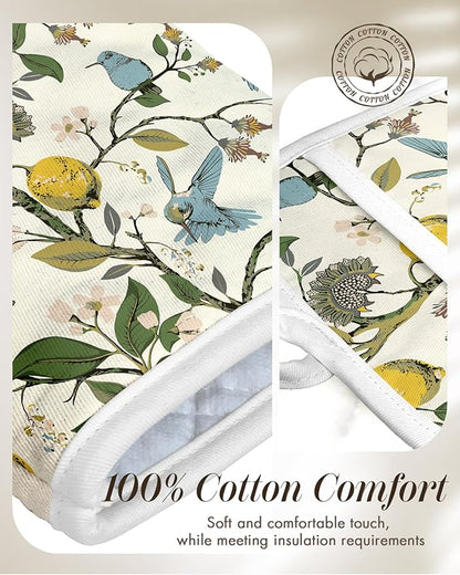 Miss Adola Cotton Oven Mitts and Pot Holders Sets - Quilted Lining Heat Resistant 4 Pieces Set with Hanging Loop Cute Farmhouse Boho Spring Kitchen Decor and Accessories, Lemon Bird - Image 3
